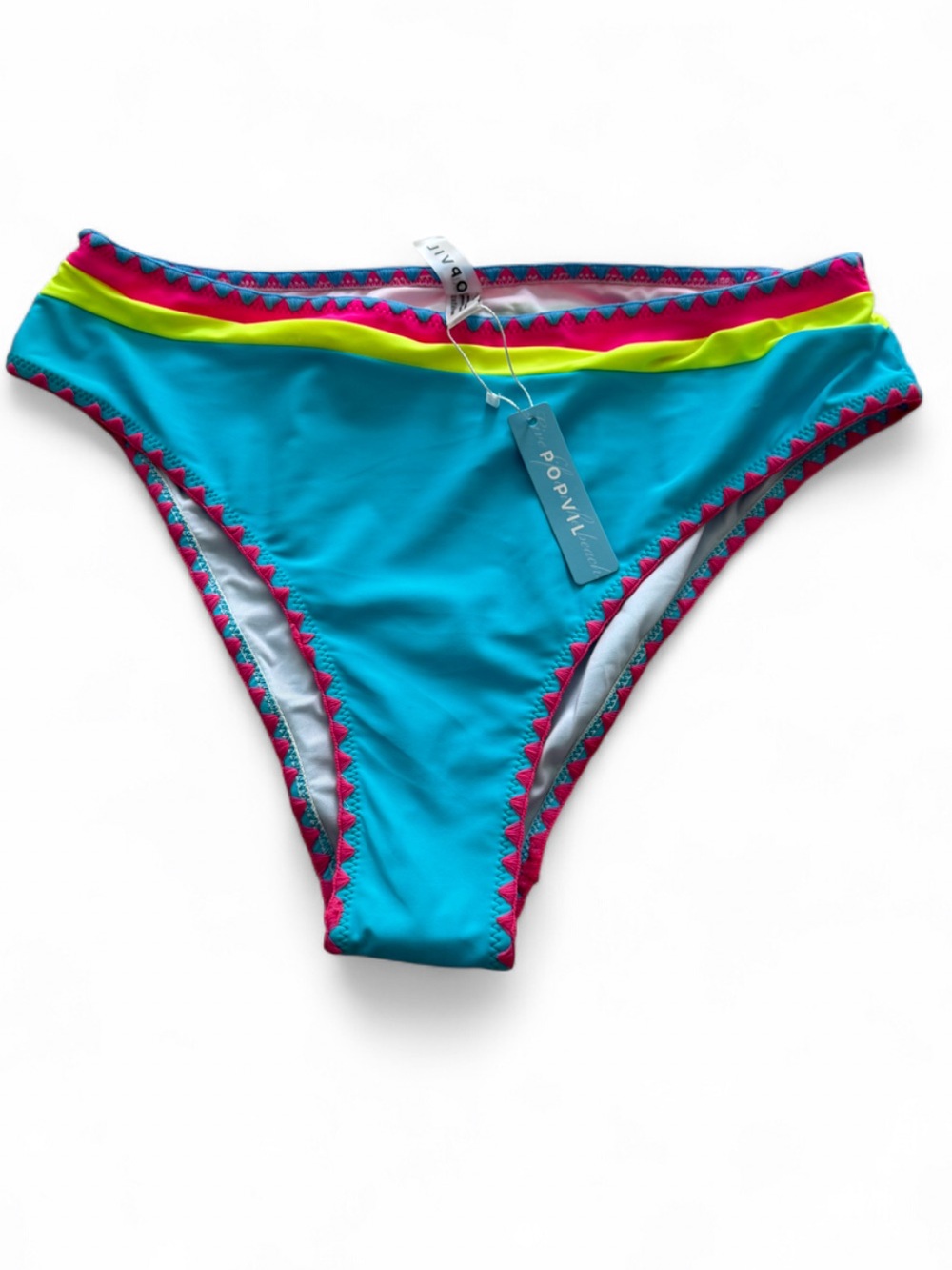 Popvil Women’s Turquoise Bikini Bottom with Pink & Neon Yellow Trim